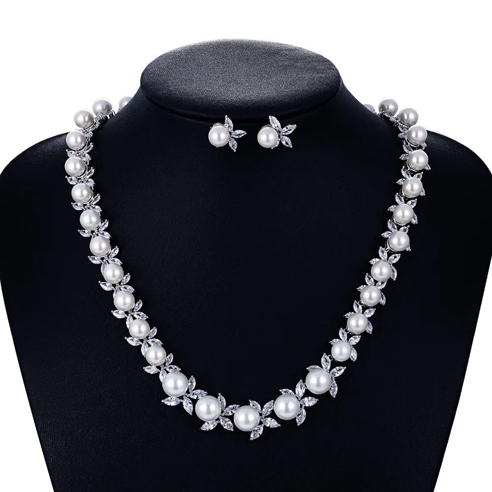 

Crystal CZ Cubic Zirconia Bridal Wedding Pearl Necklace Earring Set Jewelry Sets for Women Accessories CN10123