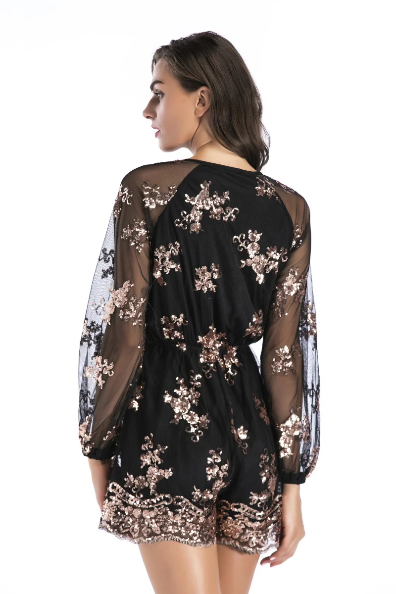 

2020 Sexy Women Sequins Body Embroidery Jumpsuit Tassel Short Romper Luxury Nightclub Party Mesh Sleeve Playsuit V Neck Overalls