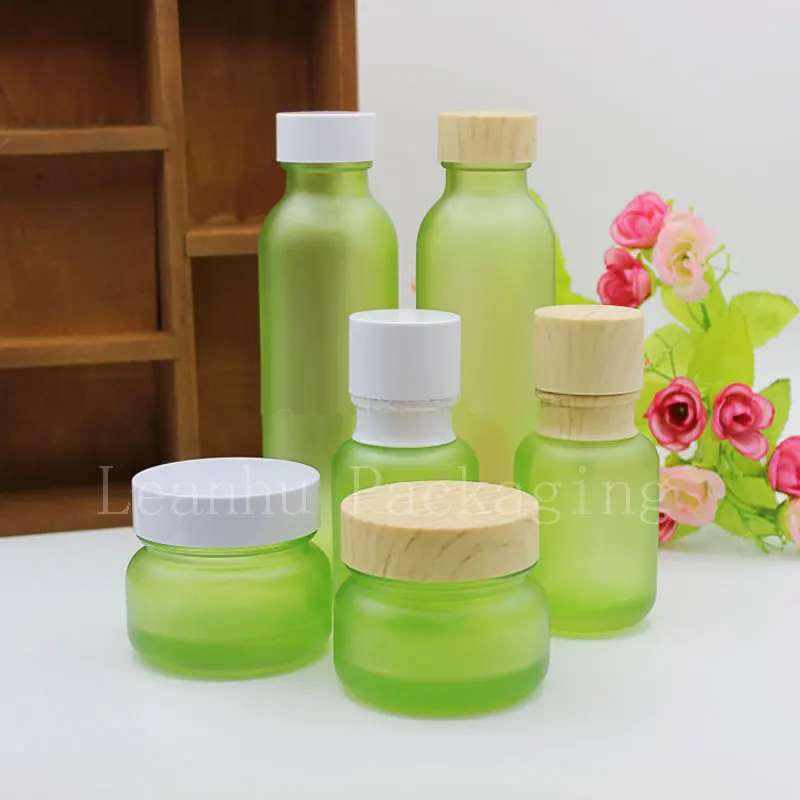 Green Frosted Empty Cosmetic Cream Glass Container  Lotion Cream Pump Bottles Toner Containers Spray Bottle Packaging Jars