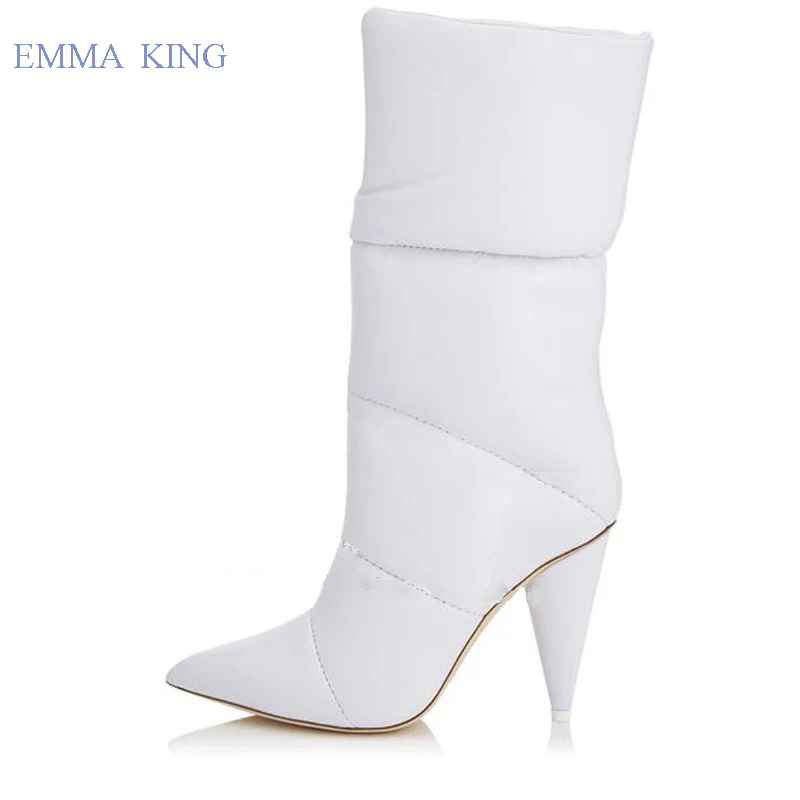 Белый Emma king/женские кожаные ботильоны; зимние ботинки в байкерском стиле с острым носком; обувь на высоком каблуке-шпильке без застежки; белые пуховые пинетки Mujer - Цвет: Белый