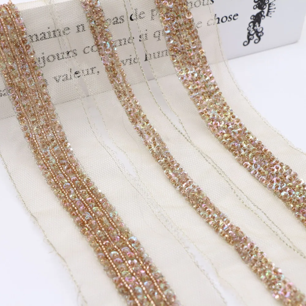 

6Yards Gold Champagne Beaded Lace Sequined Trims Vintage Fabric Paillette Sequin Mesh Lace Wedding Dress Dentelle Applique