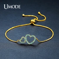umode brand double heart blue austrian rhinestone crystal bracelets for women gold color jewelry fashion party love gifts ub0105
