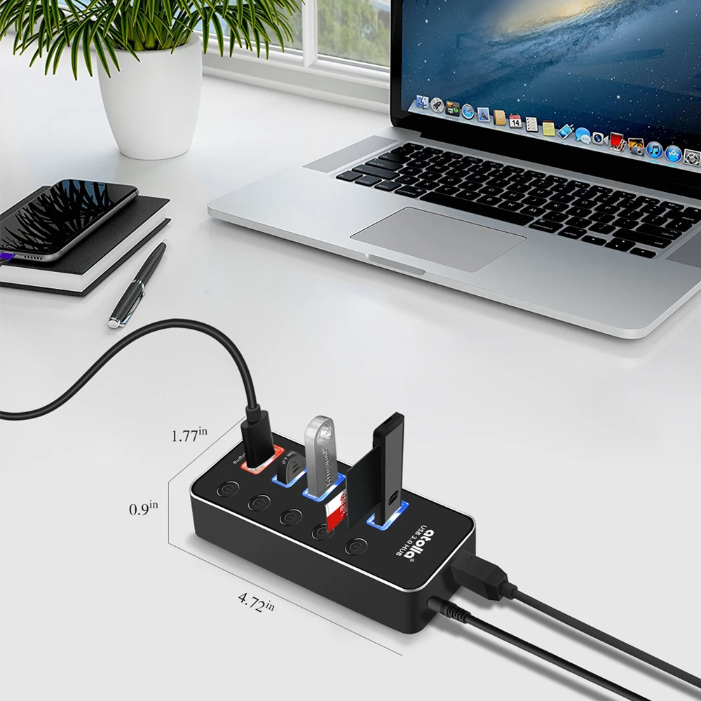 Atolla 4-Порты и разъёмы USB 3,0 концентратор, смарт-устройство для быстрой зарядки usb-хаб с адаптером питания, индивидуальные вкл/выкл и съемная удлинитель USB кора