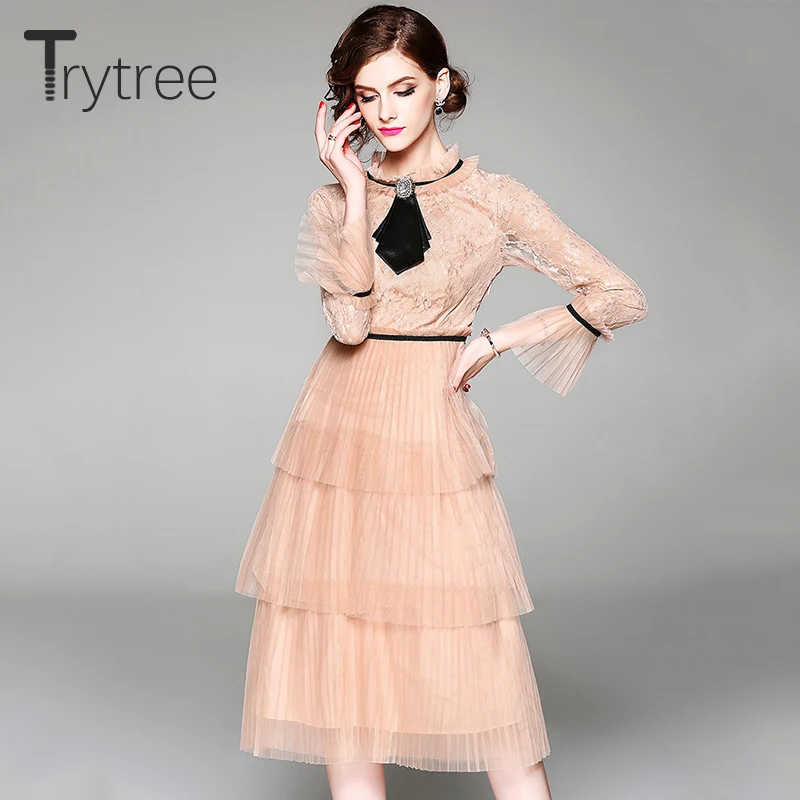 Trytree/летнее осеннее Повседневное платье с бантиком расклешенный рукав женское