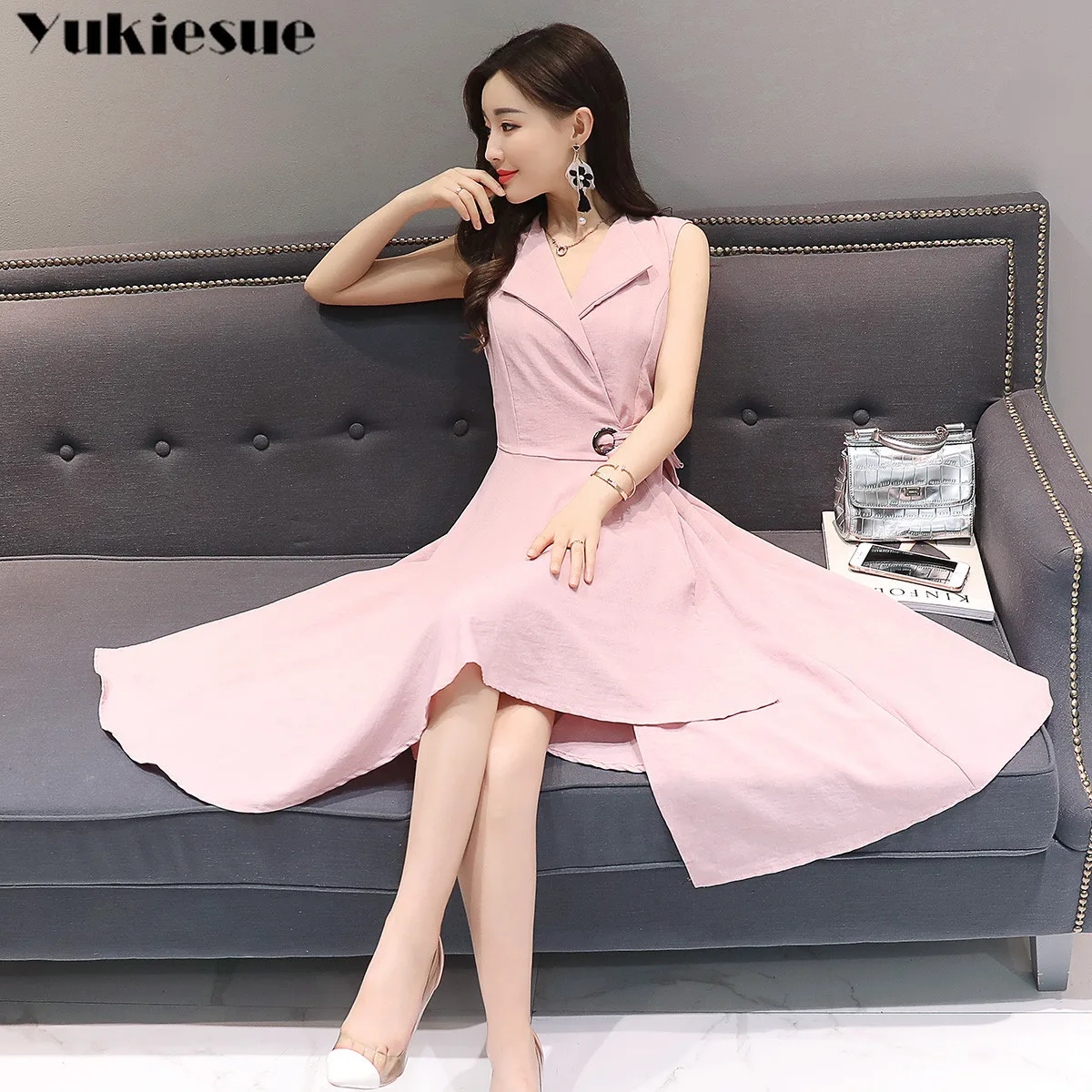 2019 летнее платье без рукавов офисное женское повседневное A Lin v образный вырез