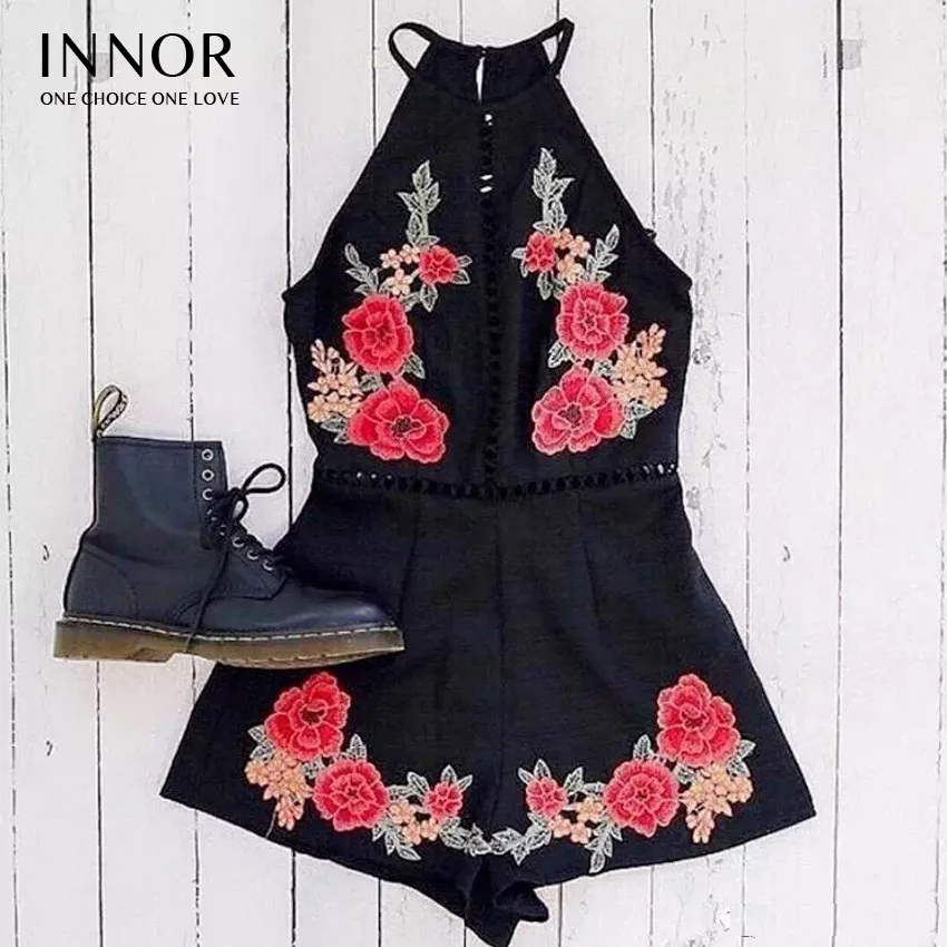 INNOR 2017 Новый цветочный сексуальный Цветочный вышитый боди Женский комбинезон