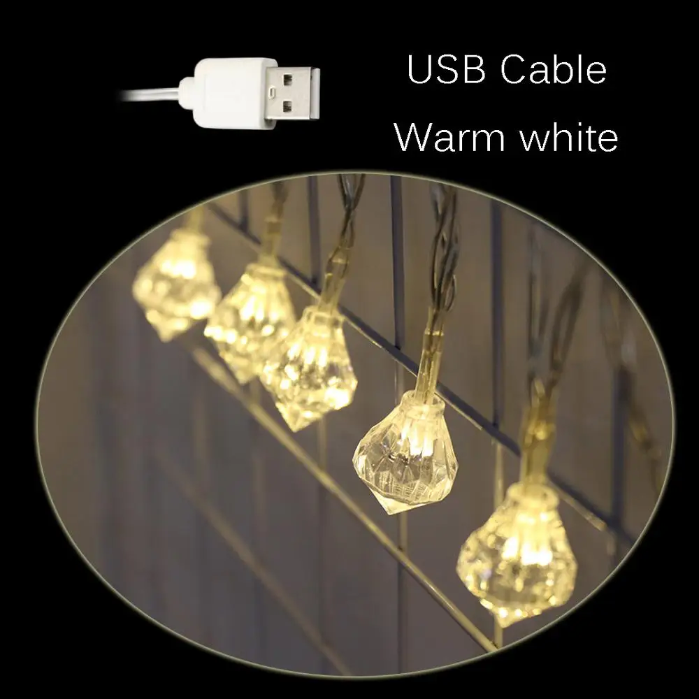 Warm white(USB) 10 светодиодный Светодиодный светильник с алмазной формой, мерцающие огни, украшение для свадебной вечеринки, Сказочная гирлянда для праздника, Рождества, IQ - Испускаемый цвет: Warm white(USB)