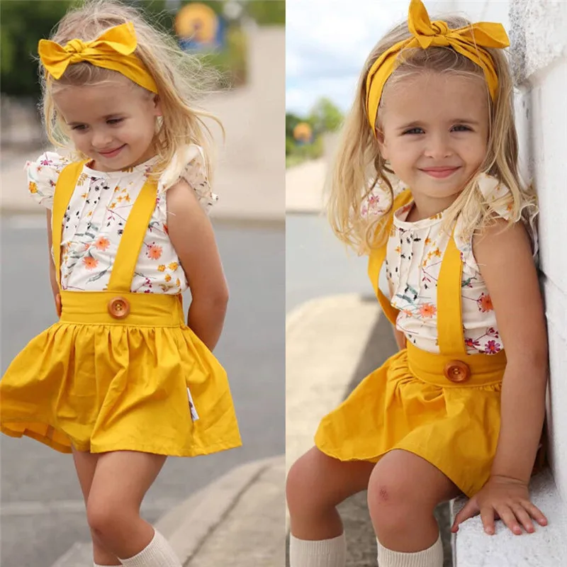 Summer Children's Clothing New 2018 Toddler Kids Baby Girls Floral Printed Short Sleeve Tops+Belt Skirt Overalls Outfits | Мать и