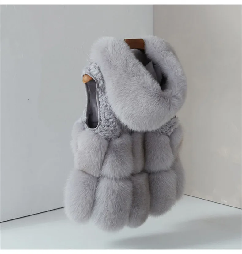 2 Light grey Женский жилет из натурального Лисьего меха, куртка с капюшоном, плотное пальто из натурального меха, женский жилет, зимний жилет из натурального Лисьего меха с меховым капюшоном - Цвет: 2 Light grey