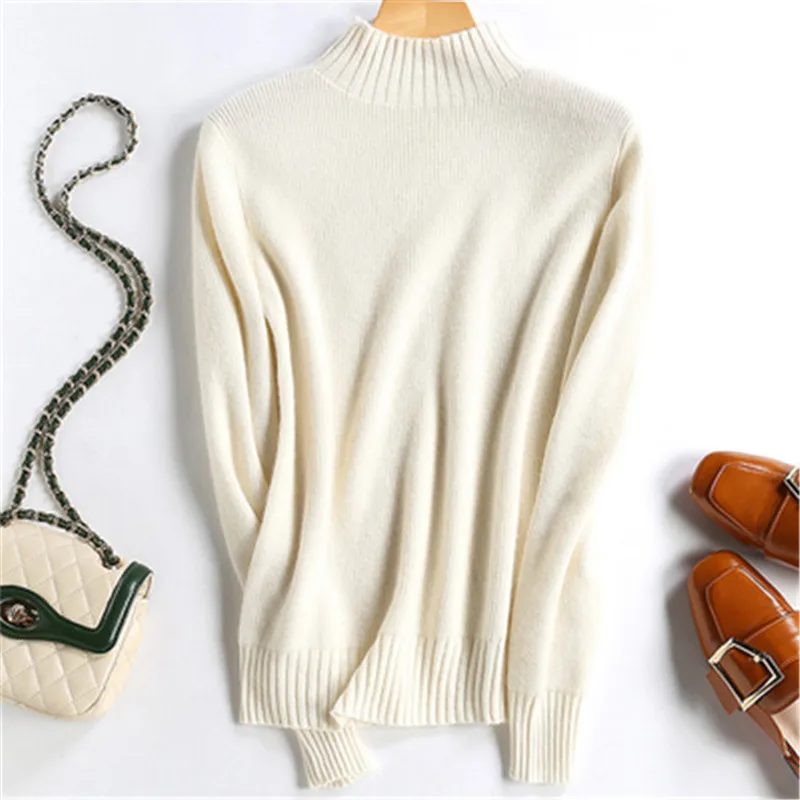 

korean style pure cashmere knit women fashion half high collar slim short pullover sweater solid color S-2XL