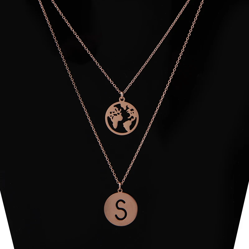 Keamsty Letra S World Map Necklace Pendant Set Silver Rose Gold Initial Letter 316L Stainless Steel Jewelry for Women | Украшения и