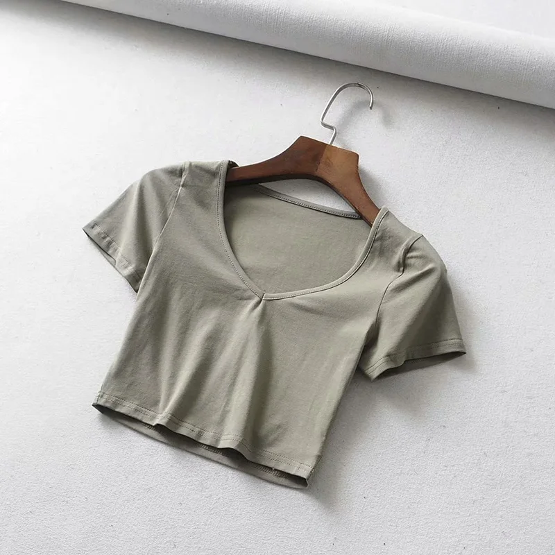 BRADELY MICHELLE crop tops для сексуальных женщин Лето Женский Чистый хлопок v-образный вырез короткий рукав однотонная эластичная блузка