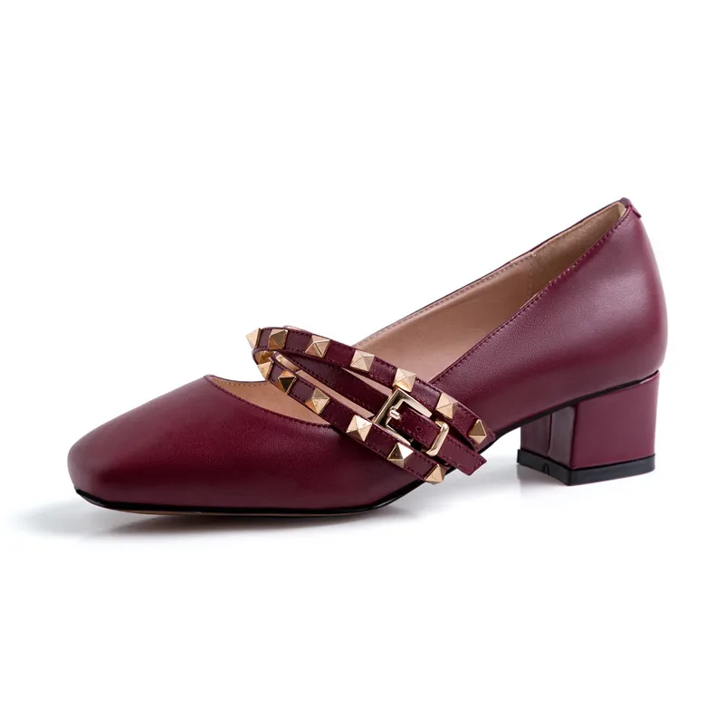 FEDONAS/женские туфли-лодочки из натуральной кожи сандалии с модными заклепками на высоком каблуке Туфли Мэри Джейн с пряжкой Новые весенние туфли для выпускного вечера