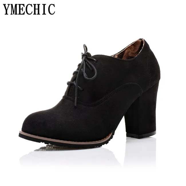 YMECHIC/ г.; осенние винтажные туфли-лодочки на высоком массивном каблуке; женская обувь из флока на шнуровке; цвет коричневый, синий, черный; женская обувь на каблуке; большие размеры