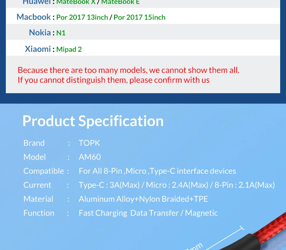 TOPK 1M 3A светодиодный магнитный usb-кабель для быстрой зарядки и передачи данных для iPhone X 8 type-C кабель Micro USB кабель для Redmi Note 7