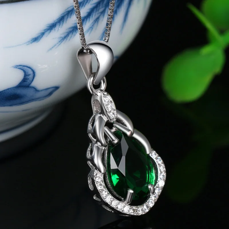 Женское ожерелье из серебра 925 пробы с подвеской изумруда|Ожерелья| |