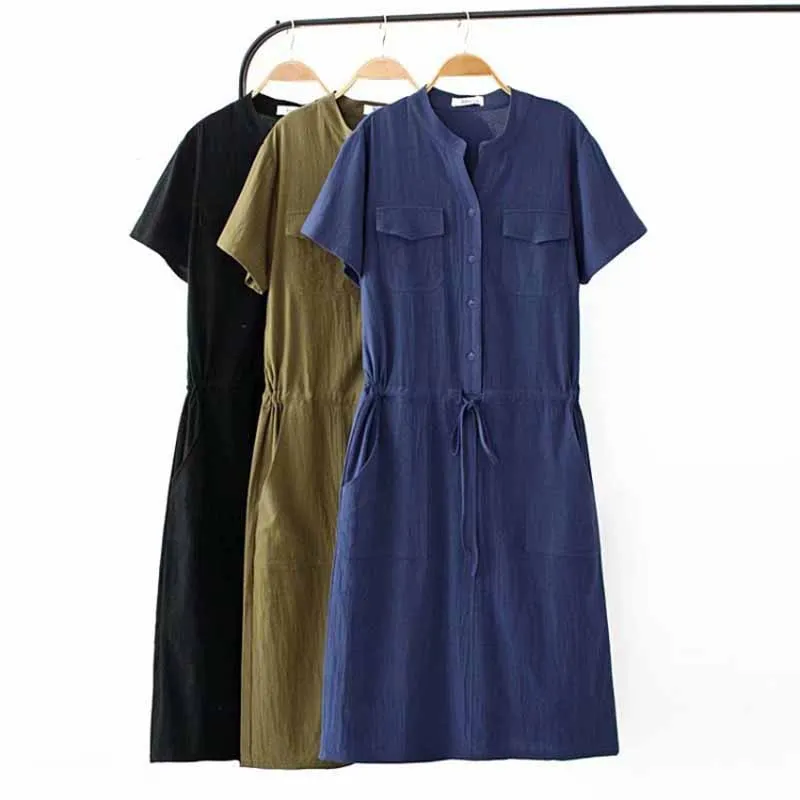 Модель 2019 года удобное женское платье с коротким рукавом из хлопка и льна Женские