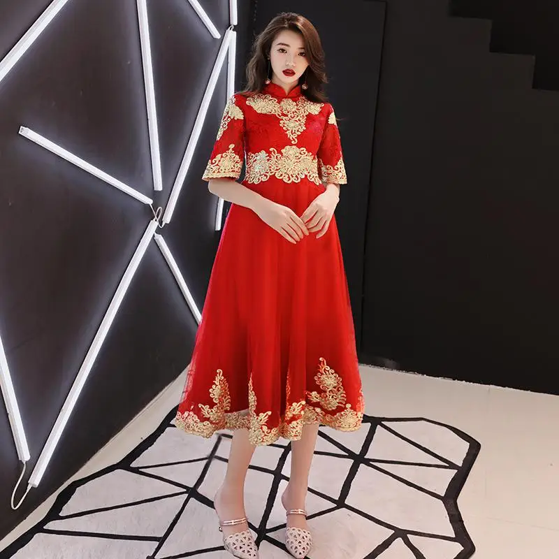 Большие размеры 3XL азиатское женское свадебное вечернее платье Qipao с вышивкой для выпускного вечера китайское национальное платье для беременных Cheongsam для дам - Цвет: Red 4