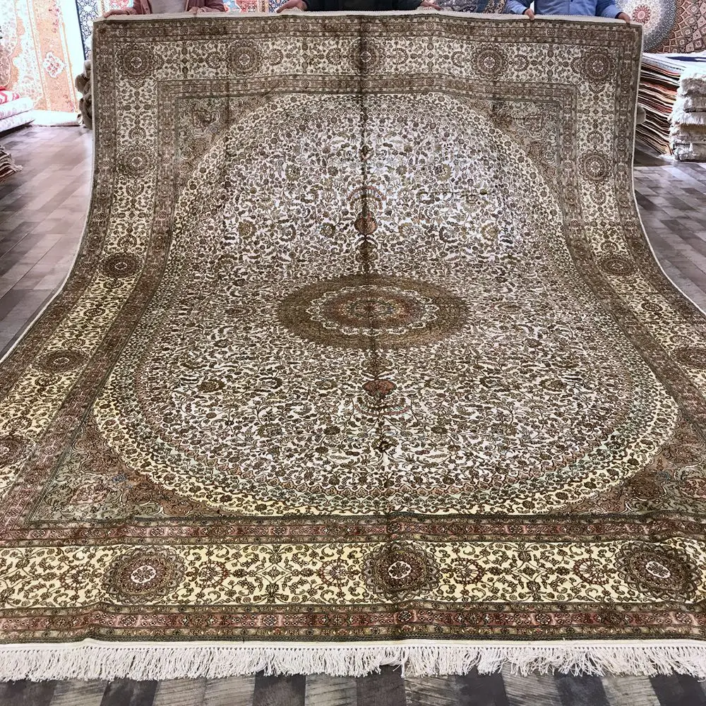 Goedkoop YILONG 9'x12 'traditionele Handgemaakte Perzische Zijden Kleed Klassieke Medaillon Wit En Geel Bloemen Tapijt (WY318A9x12)