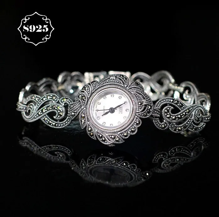

New Limited Classic Elegant S925 Silver Pure Thai Silver Flower Bracelet Watches Thailand Process Rhinestone Bangle Dresswatch