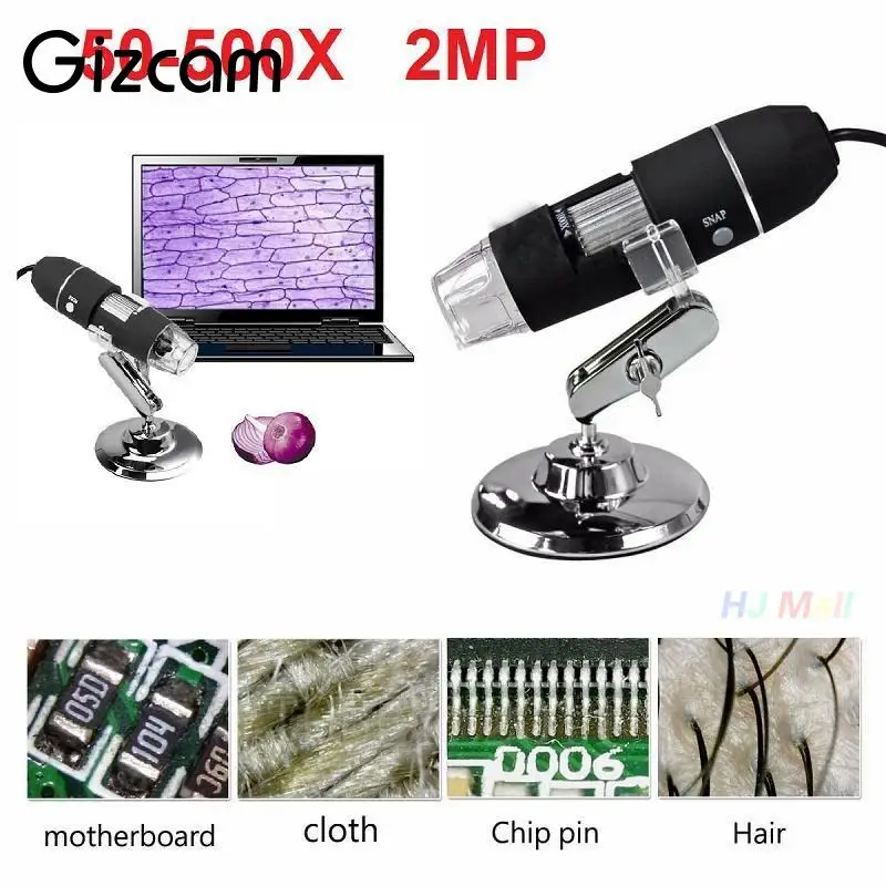Gizcam Мини светодиодный цифровой микроскоп 50 500X 2MP Электронный USB эндоскоп CMOS Видео