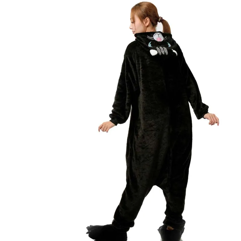Фланелевая пижама в виде черной кошки комбинезон для взрослых кигуруми животных