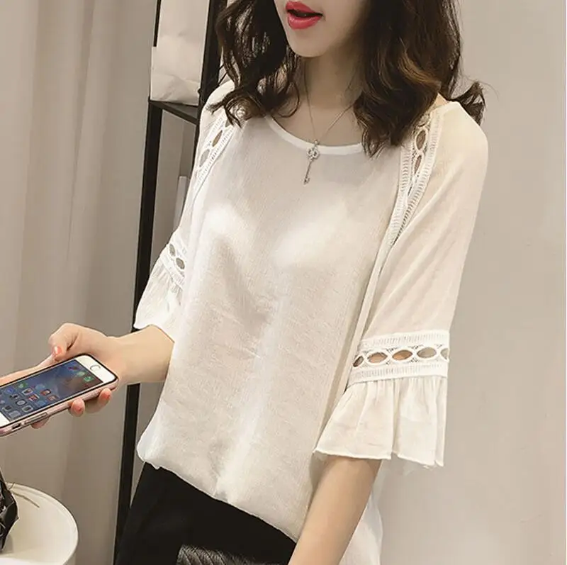 Женская блузка рубашка 2017 новая модная летняя шифоновая кружевная открытая с