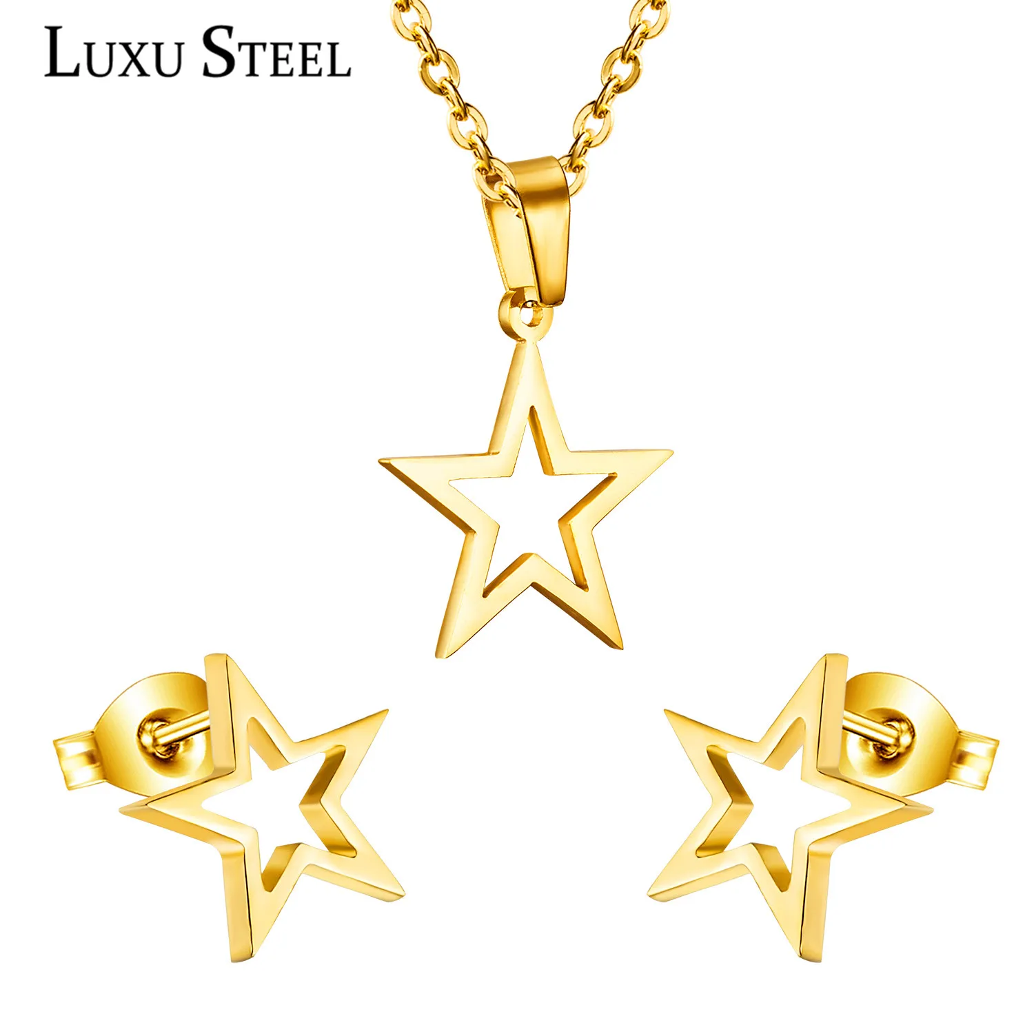 Комплект серег LUXUSTEEL из нержавеющей стали ажурные Звездные Серьги подвеска