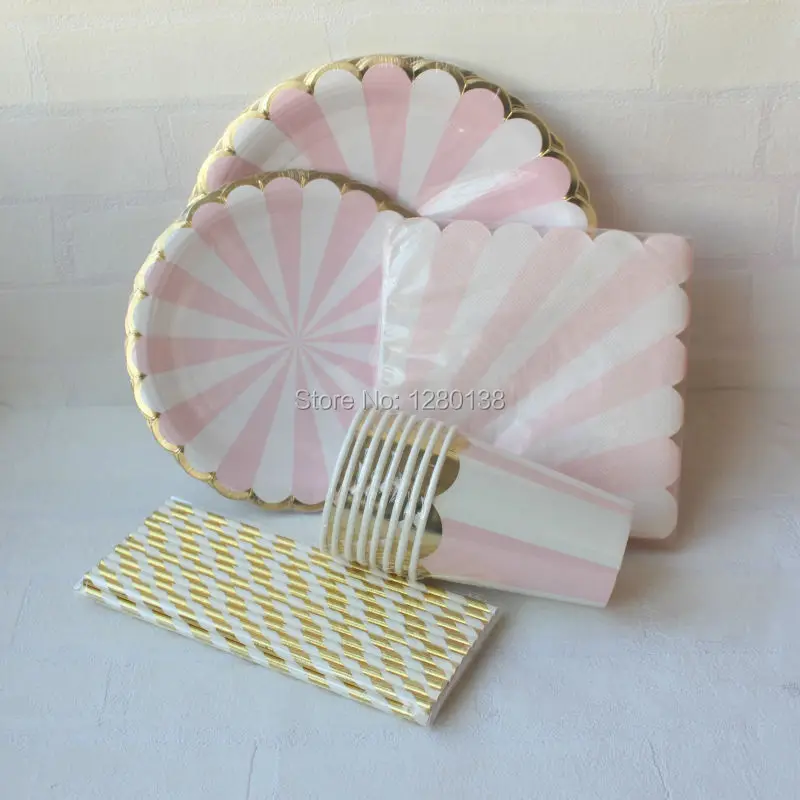 

Pink Gold Foil Beverage Paper Party Cups Straws Dinner Plates Napkins Pink Striped Cocktail Party Supply Tableware
