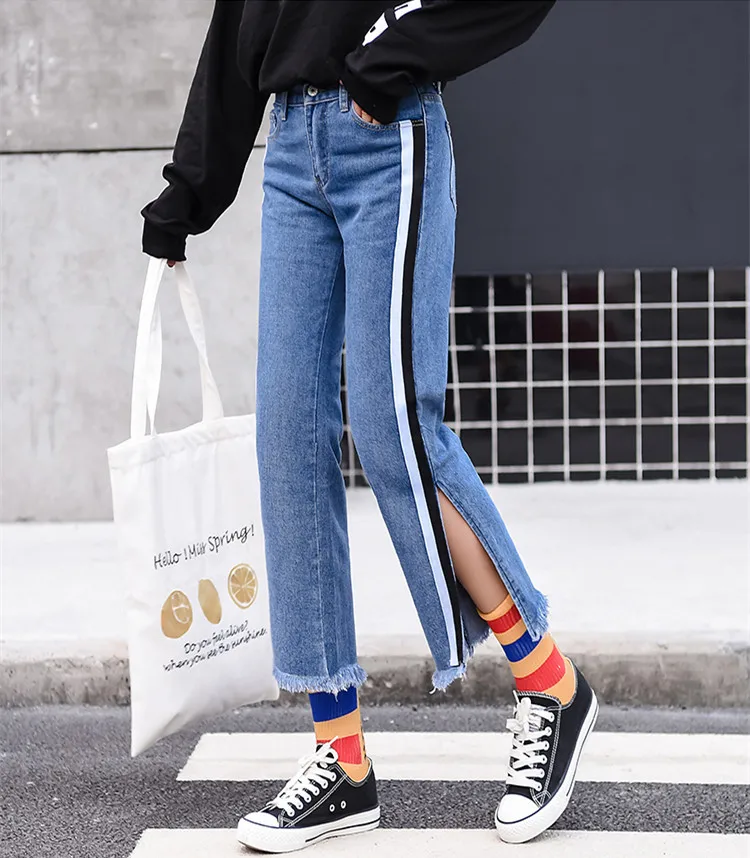 Женские джинсы с высокой талией Boyfriend Femme корейские модные прямые широкие брюки