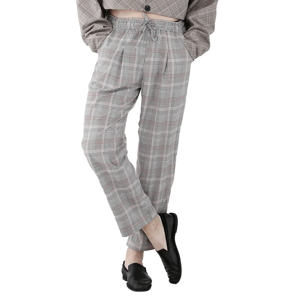 

Mens Plaid Loose Trousers Vintage Work Casual Pants England Style Straight Full Length Trousers With Pocket