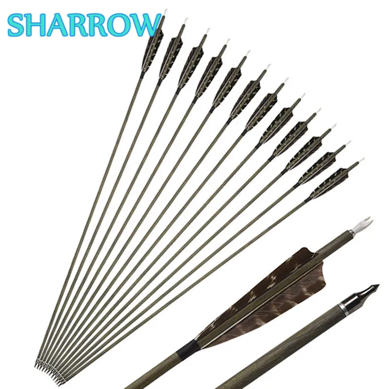 

12pcs 30" Archery Pure Carbon Arrows Spine 350 Wood Skin Shaft Feathers Target Filed Tips Outdoor Shooting Training Accessories