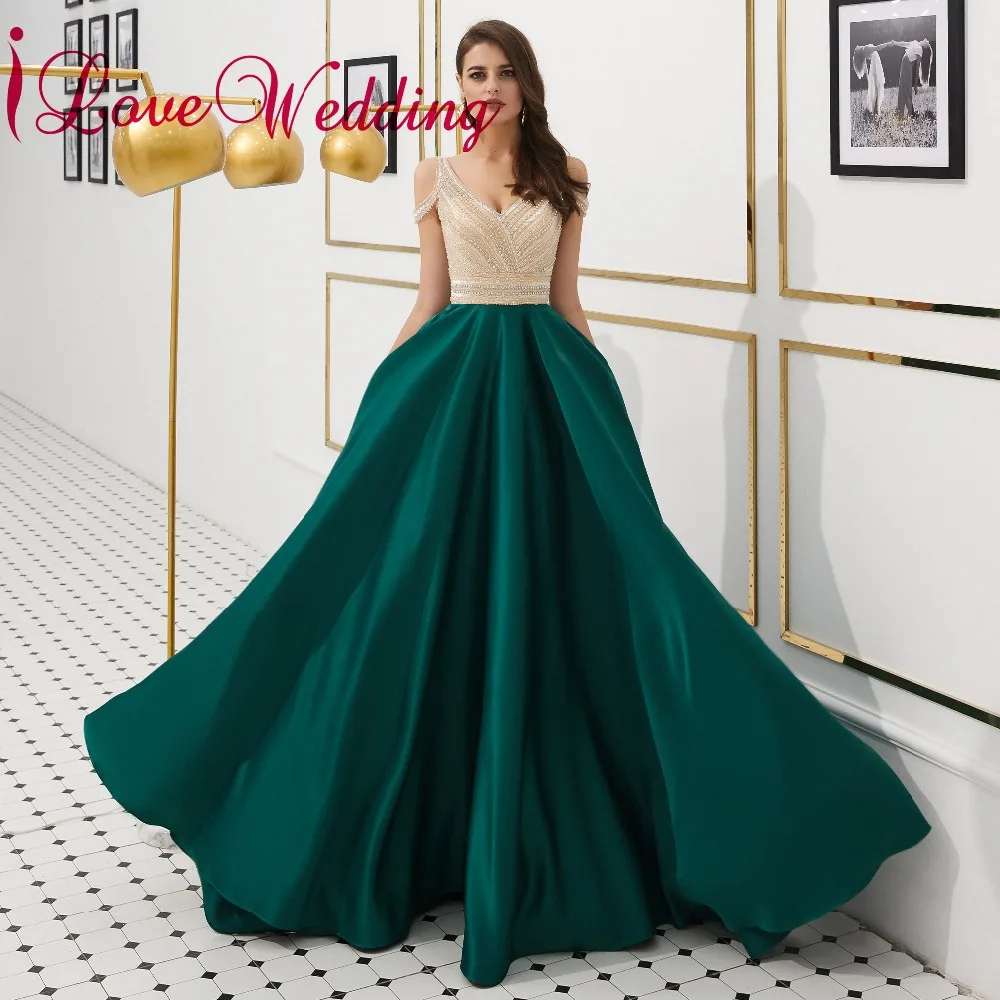 

iLoveWedding Luxury Evening Dress Sexy V Neck Green Satin A Line Floor Length Heavy Beading Long Dresses Evening