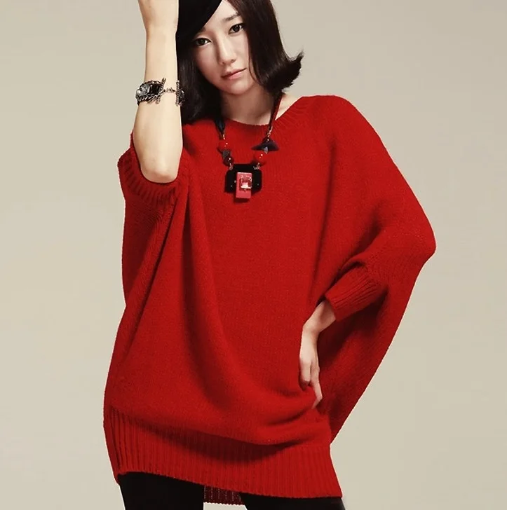 

Plus size clothing autumn and winter batwing shirt pullover o-neck medium-long sweater loose slim hip clothes