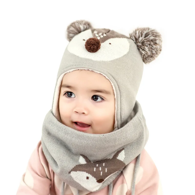 gray set 3pcs/Set Baby Kids Winter Cotton Hat Scarf Set Winter Knit Cap Children Warm Scarf For Boys Suit Beanies Hats Scarf For Girl Boy - Цвет: gray set