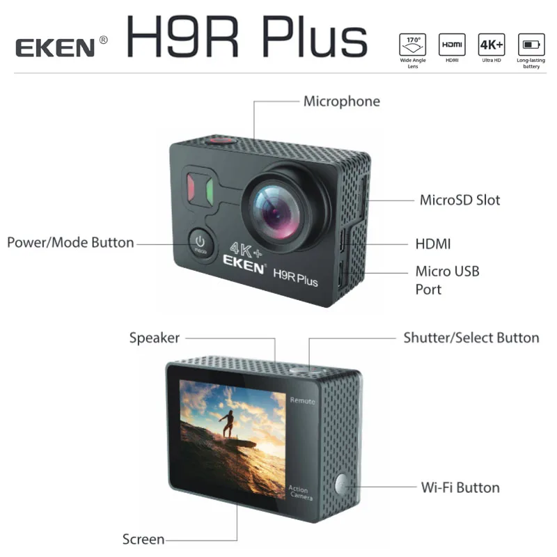 Оригинальная Экшн камера eken H9R Plus Ultra HD 4K Ambarella A12 4 k/30fps для Panasonic 34112 14MP 30M