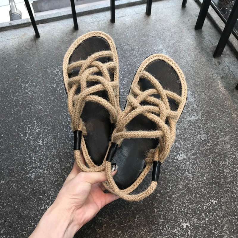 HTUUA/сандалии на плоской подошве с перекрестной шнуровкой и пеньковой веревкой