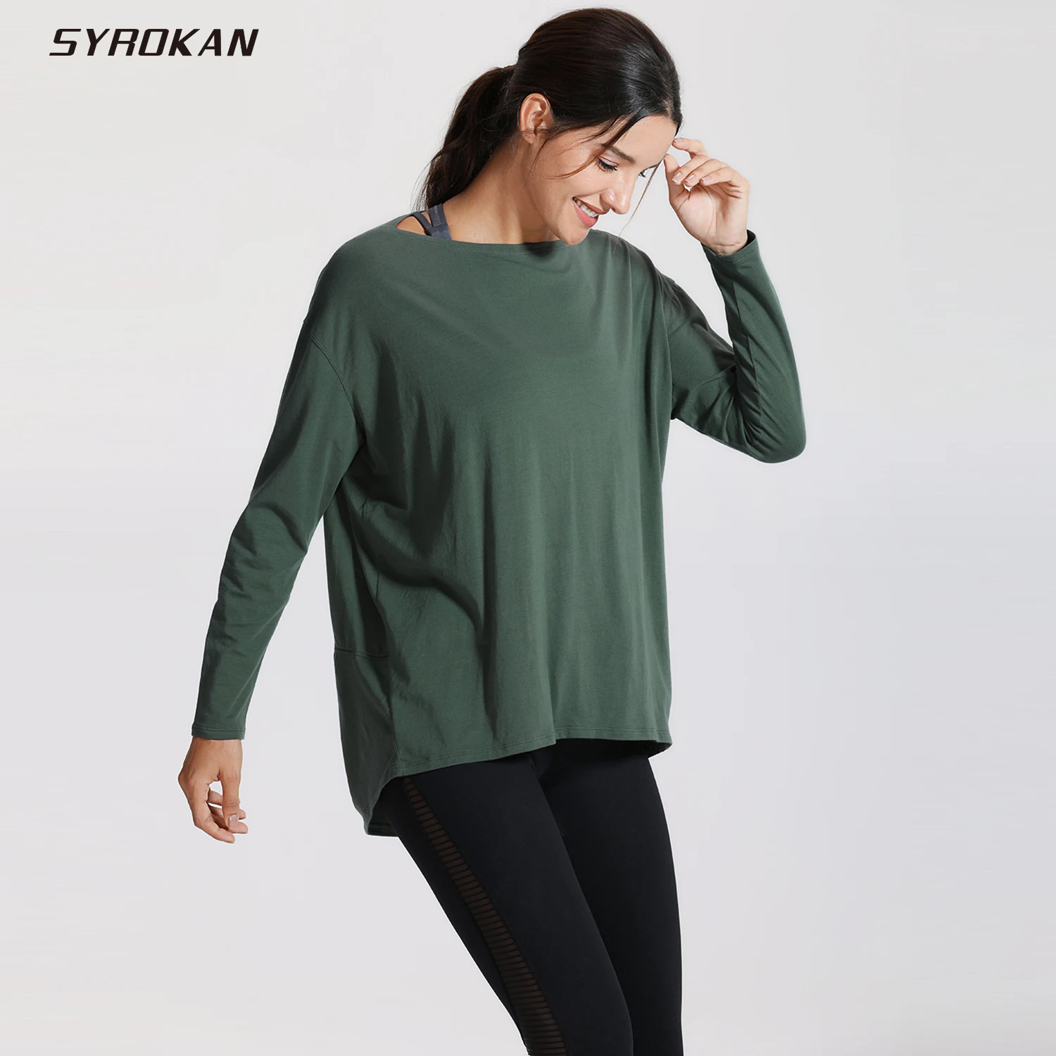 SYROKAN Женская Повседневная хлопковая футболка с длинными рукавами Pima для
