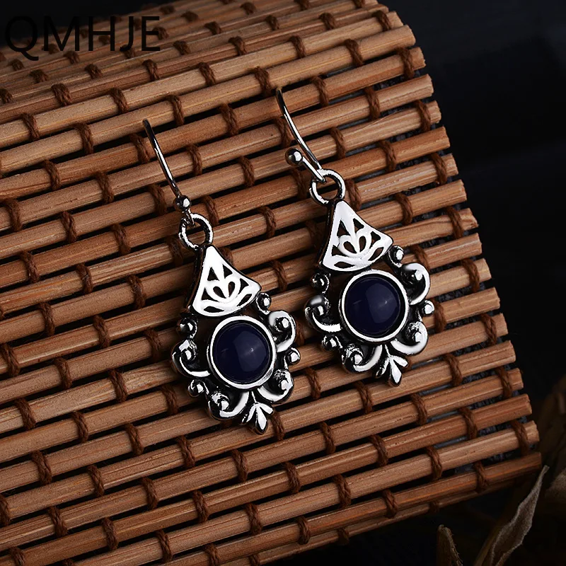 Boho, Круглый Королевский камень, женские маленькие Висячие серьги, выдалбливают цветок, серьги, этнические винтажные индийские ювелирные изделия, серебряный цвет, DBE048