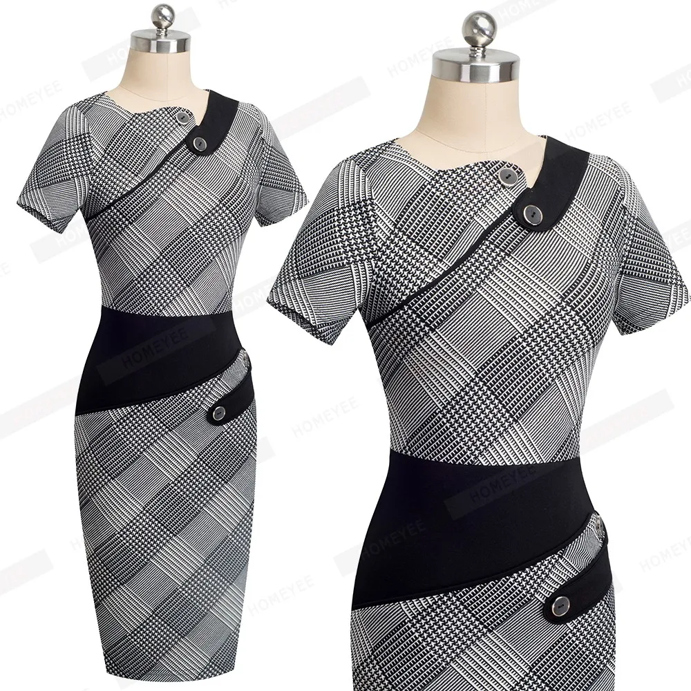 Summer Tunic Women Formal Work Office Sheath Patchwork Line Asymmetrical Neck Knee Length Pencil Dress EB527