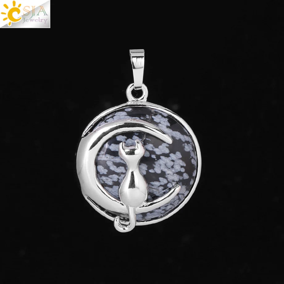 Snowflake Stone CSJA, новинка, модная подвеска в виде кошки, Луны, ожерелье, круглый натуральный камень, милый котенок, удача, ювелирное изделие, подходит для женщин, колье для девочек, подарок F334 - Окраска металла: Snowflake Stone