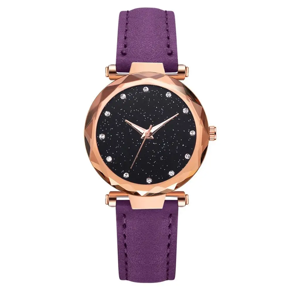 Фиолетовый Топ часы женские модные часы ремешок для часов PU браслет Femme Montre звездное небо платье стразы женские Zegarek Damski - Цвет: Фиолетовый