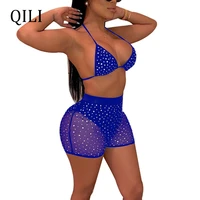 qili black blue jumpsuit women sexy rompers diamonds rhinestone mesh see through club jumpsuits rompers two piece set playsuits