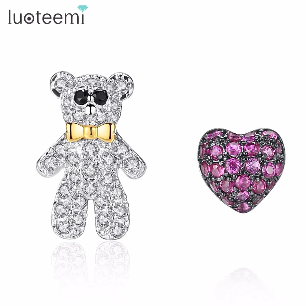 Новые милые серьги-гвоздики LUOTEEMI асимметричные медвежьи животные и красные