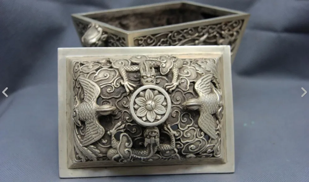 Тибет Монастырь Белый Медь Серебро Дракон Птица Зверь Банку Кадило курильница |