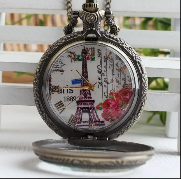 Pocket Watch Bronze Paris Roman Numeral Eiffel Tower Transparent Cover Quartz Analog Pendant Necklace Mens Womens Gifts PO258 | Наручные