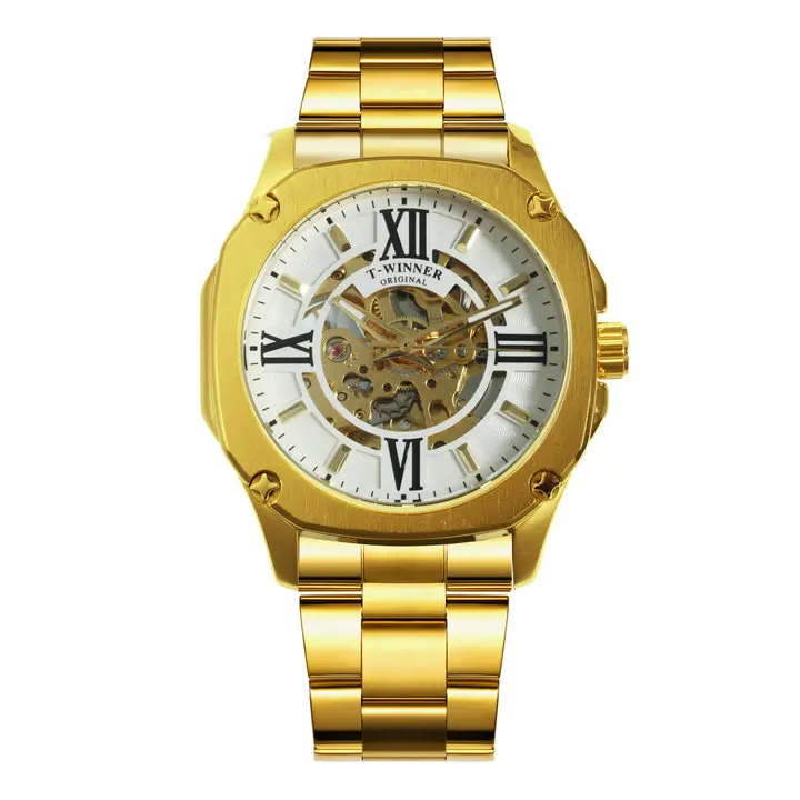 GOLDEN WHITE WINNER официальный золотые автоматические механические часы Мужские квадратные часы со скелетом брендовые Роскошные повседневные наручные часы со стальным ремешком - Цвет: GOLDEN WHITE