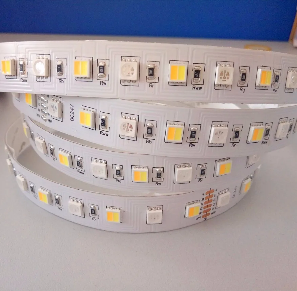 

WHITE PCB 5050 SMD RGB+warm white+cool white(RGBW-CCT)LED Strip;72leds/m;DC24V input 5m long;non-waterproof;IP33;