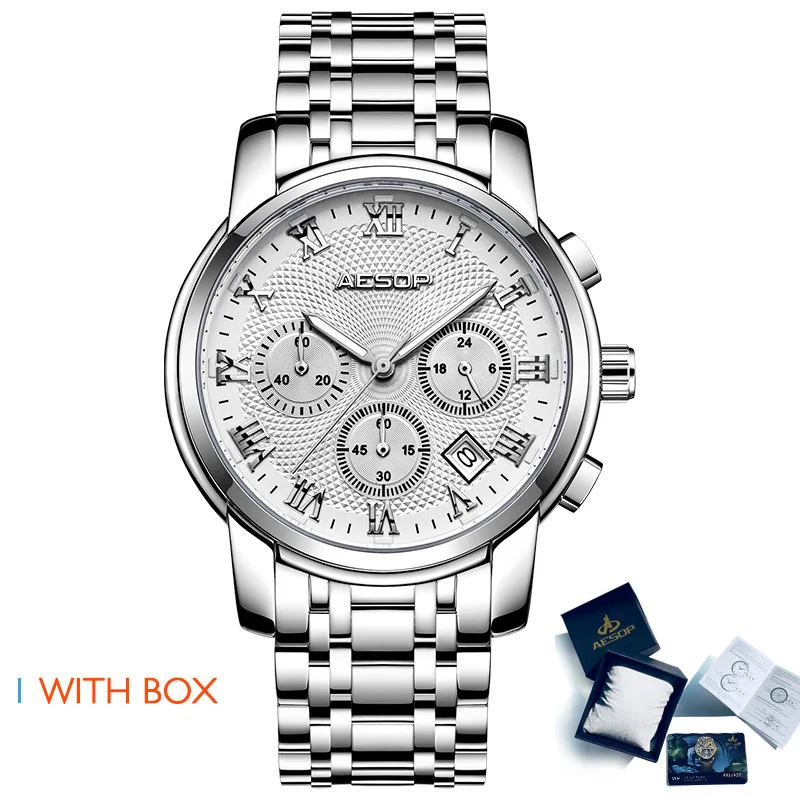 Silver white S Box Aesop, мужские часы, Роскошные, мужские наручные часы, спортивные, нержавеющая сталь, ремешок, мужские часы, наручные часы, Relogio Masculino - Цвет: Silver white S Box