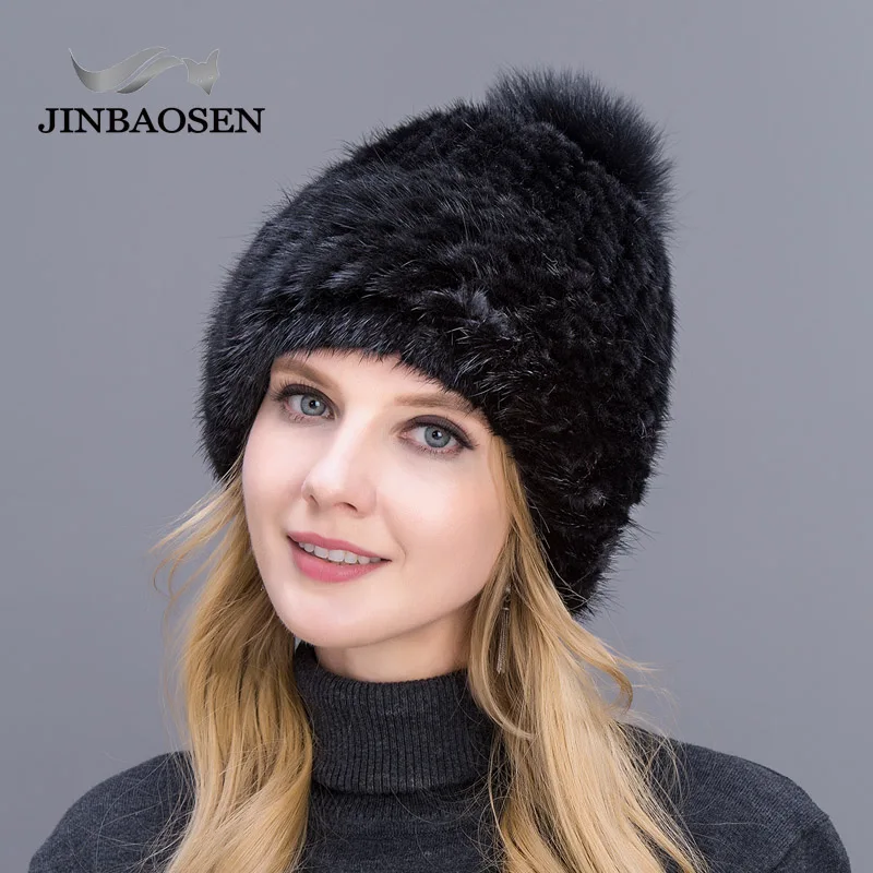 JINBAOSEN новая Толстая шапка женская зимняя вязаная с помпоном из лисьего меха